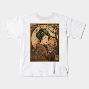 Vintage Rose Blossoms Japanese Woodblock Maple Streetwear Hipster Asian Inspired Retro Manga Samurai Coral Bells Kids T-Shirt